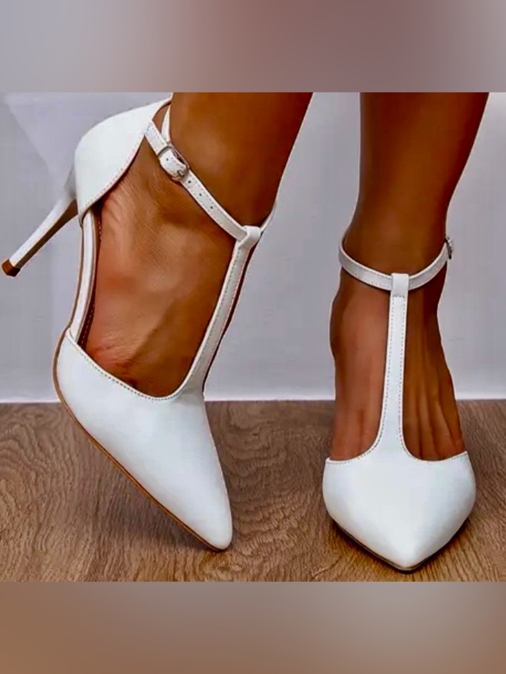 White T-Strap glossy finish Pointed Toe Stiletto Heels